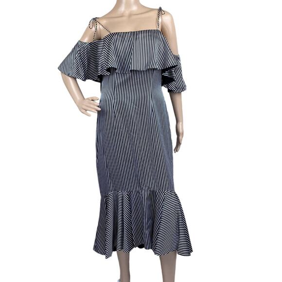 Amur Francesca Women Black White Satin Stripes Cold Shoulder Ruffle Dress Sz 6 - Picture 2 of 8